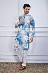 Blue Silk Floral Printed Kurta Pajama
